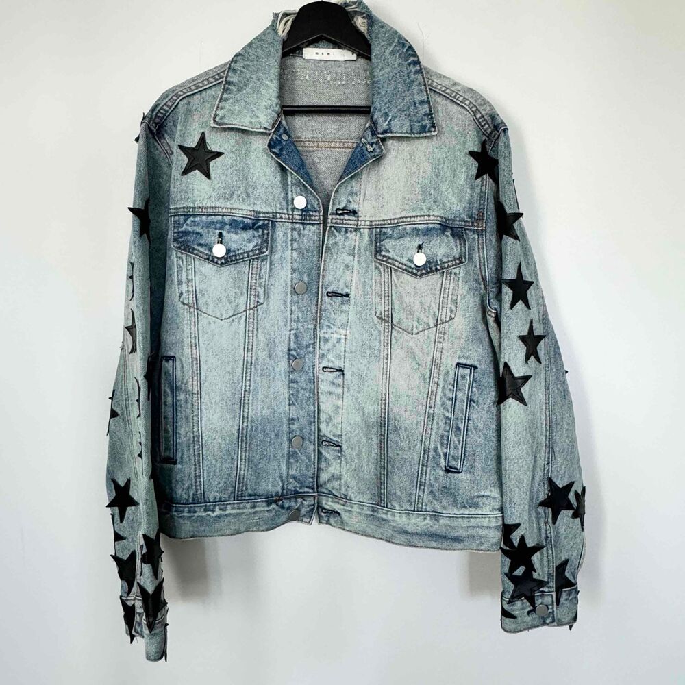 mnml Men's Blue Denim Distressed Star Patch Button Front Jacket Size Medium